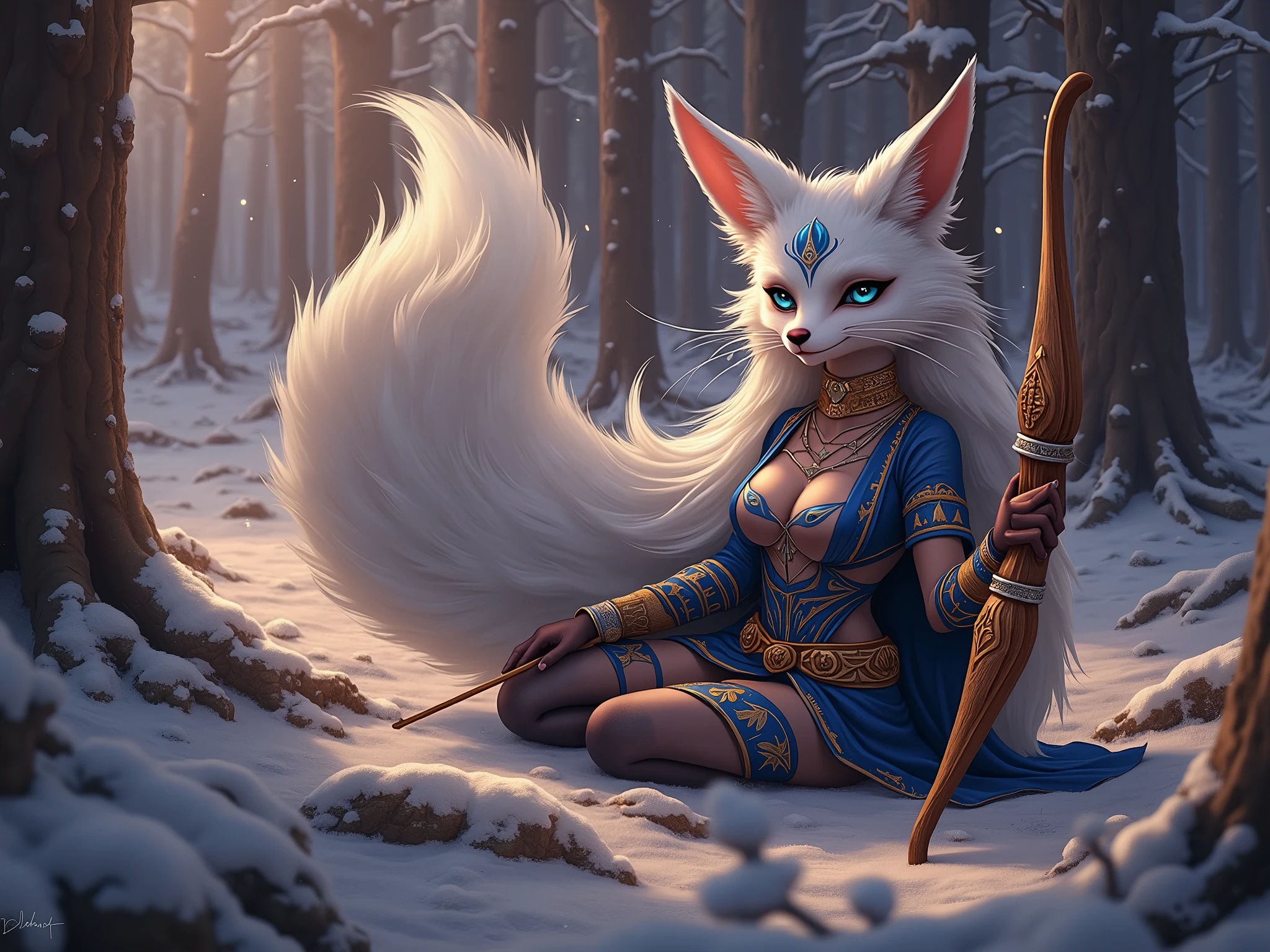 A beautiful, , voluptuous anthropomorphic fox character with long, flowing white hair and sky-blue fur, with traits of the Dark Magician Girl character from Yu-Gi-Oh! She sits in a snowy forest, surrounded by tall, snow-covered pine trees. The character has large, expressive blue eyes, pointed ears, and a fluffy tail, with intricate tribal markings on her fur. She holds a beautifully carved wooden bow, and her outfit is adorned with blue and gold patterns, highlighting her status as an expert archer. The winter scenery is serene, with soft sunlight filtering through the trees, casting a magical glow on the scene.