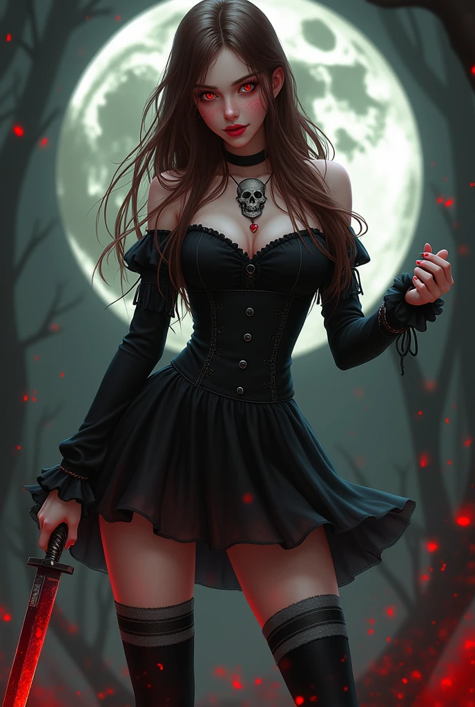 ((best quality: 0.8)), ((masterpiece)), (detailed), 1girl, beautiful face, long, brown, wavy hair, short black dress with long sleeves, black and gray striped socks, black boots , passionate lips, light blush, big breasts, beautiful red eyes, fair skin, skull tattoo, beautiful smile.agressive knife in hand, (glowing eyes: 1.4), (blood face) horror, scary folders, blood moon background
