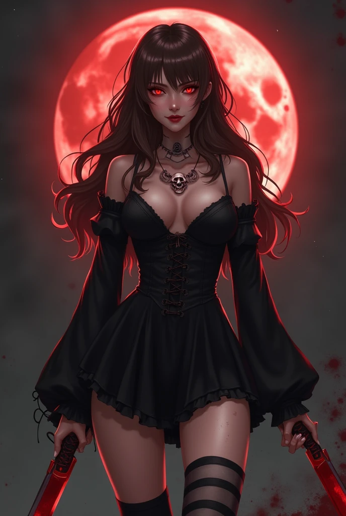 ((best quality: 0.8)), ((masterpiece)), (detailed), 1girl, beautiful face, long, brown, wavy hair, short black dress with long sleeves, black and gray striped socks, black boots , passionate lips, light blush, big breasts, beautiful red eyes, fair skin, skull tattoo, beautiful smile.agressive knife in hand, (glowing eyes: 1.4), (blood face) horror, scary folders, blood moon background