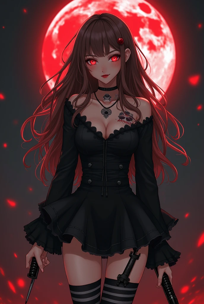((best quality: 0.8)), ((masterpiece)), (detailed), 1girl, beautiful face, long, brown, wavy hair, short black dress with long sleeves, black and gray striped socks, black boots , passionate lips, light blush, big breasts, beautiful red eyes, fair skin, skull tattoo, beautiful smile.agressive knife in hand, (glowing eyes: 1.4), (blood face) horror, scary folders, blood moon background