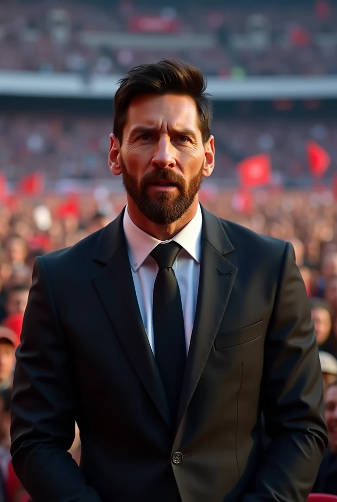 Messi is a political party leader. Messi is speaking in front of a crowd at a political conference wearing black dress.messi's face must be in front of camera
