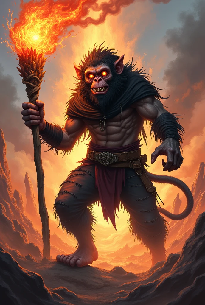 Humanoid demon with the face of a monkey with a lava staff, Wearing black cloth clothes and pants and having a sadistic smile on his face as he goes out killing, do it in anime style
