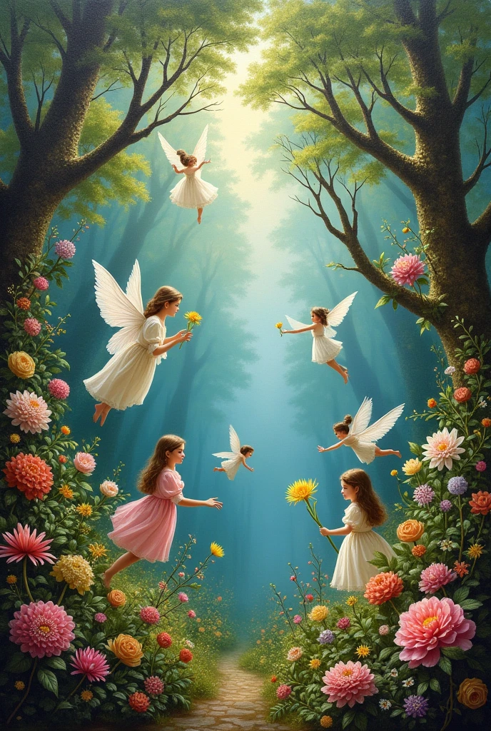 Painting, rococo inspired with a forest, lots of flowers, angels and fairies