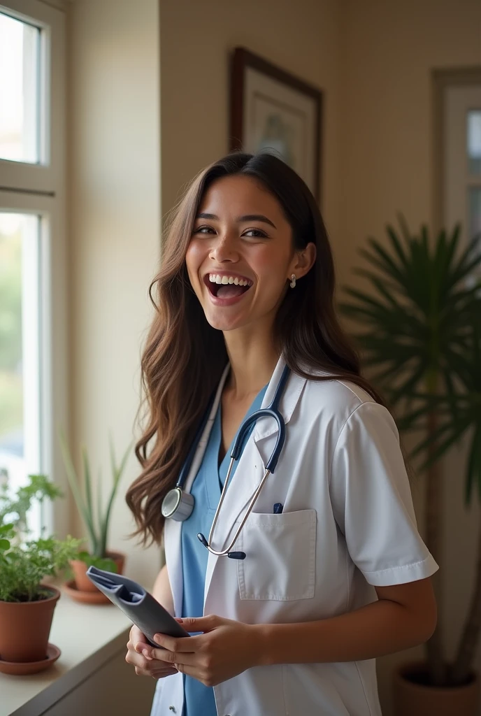Create a student who has just won her place in medical school and is very very happy