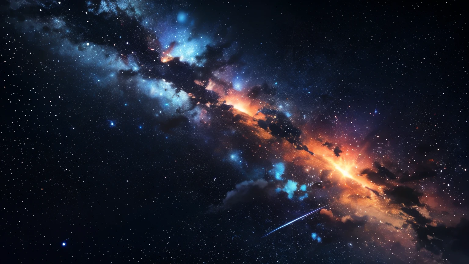 Create a fantastic image using only blue and orange on a black background.。The image does not include people、Draw a night sky above the clouds。The night sky uses a blue and orange gradation.、Adding small details like stars and the Milky Way、Create a mysterious and beautiful space。