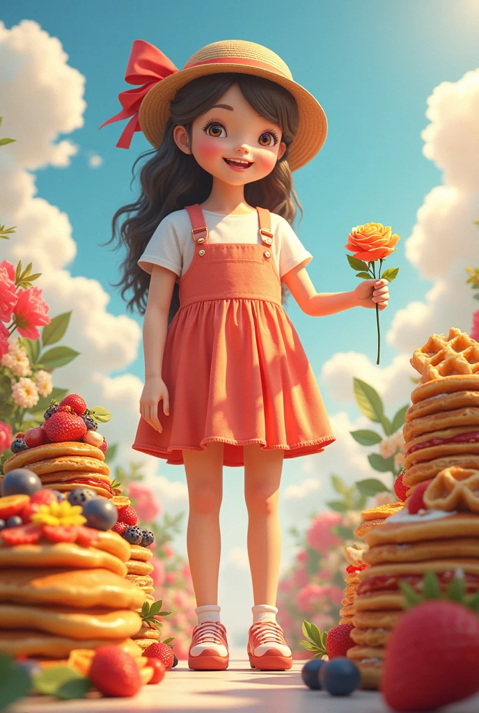 A huge giant girl wearing cheerful clothes carrying a small rose behind her, many types of delicious morning foods as humans do, realistic, real, high-resolution details, full picture like reality