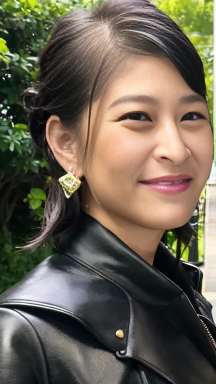 最high quality, 8k, Vibrant, Sharp focus, high quality, High resolution, Middle-aged women, Mature Woman, 5, (Whole Body Ezbian), (High heels face detail, Highly detailed eyes, Plump figure、Plump face、((big 1.6))、((Black leather clothing))、garden、Random Hairstyles、A kind smile、