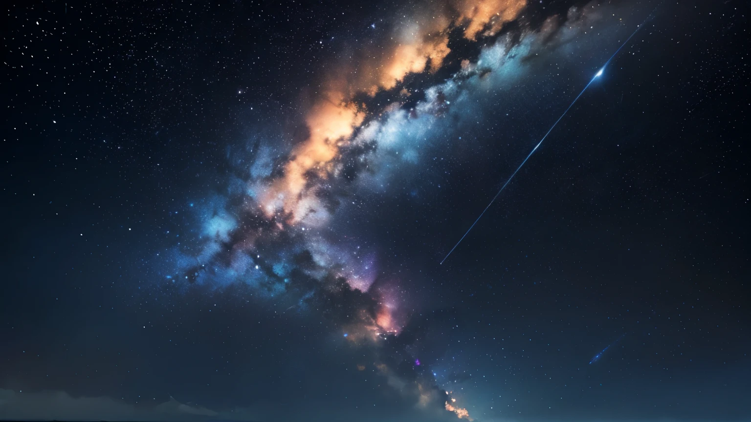 Create a fantastic image using only blue and orange on a black background.。The image does not include people、Draw a night sky above the clouds。The night sky uses a blue and orange gradation.、Adding small details like stars and the Milky Way、Create a mysterious and beautiful space。