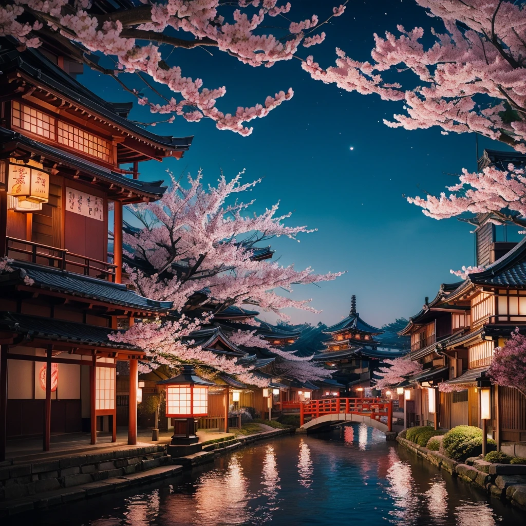 illustration of night city in japan, during cherry blossom season