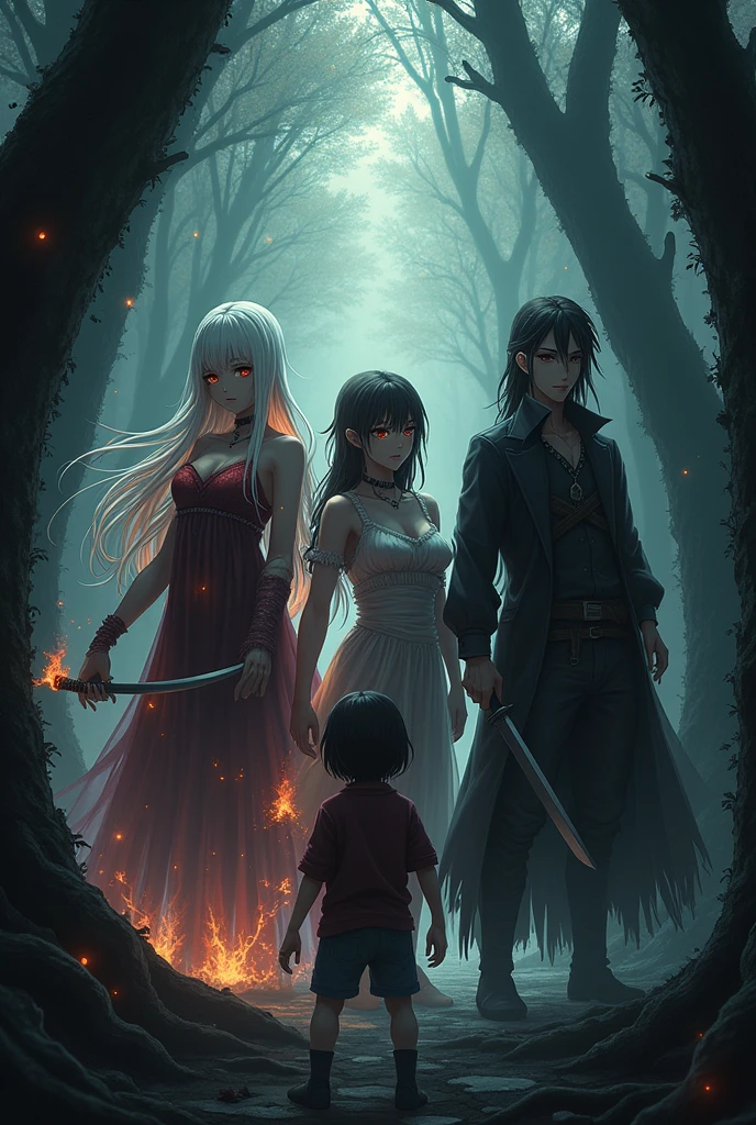 The image is anime style with shadows and dim lights, anime style although somewhat adult and dark, It is shown laterally, to an albino with long hair and red eyes; to a woman made of fire; to a gothic woman who is half spider; a man carrying two crossed swords; already a child with a dagger, all in the middle of the forest, together as a team.