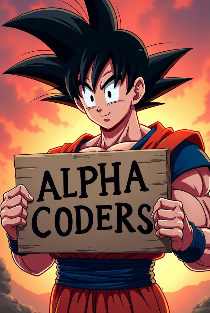 Goku, holding a sign that says "Alpha C0ders", detailed facial features, toon,  8k, high resolution, best quality, masterpiece, ultra-detailed, cinematic lighting, dramatic pose, powerful, dynamic, vibrant colors, digital art