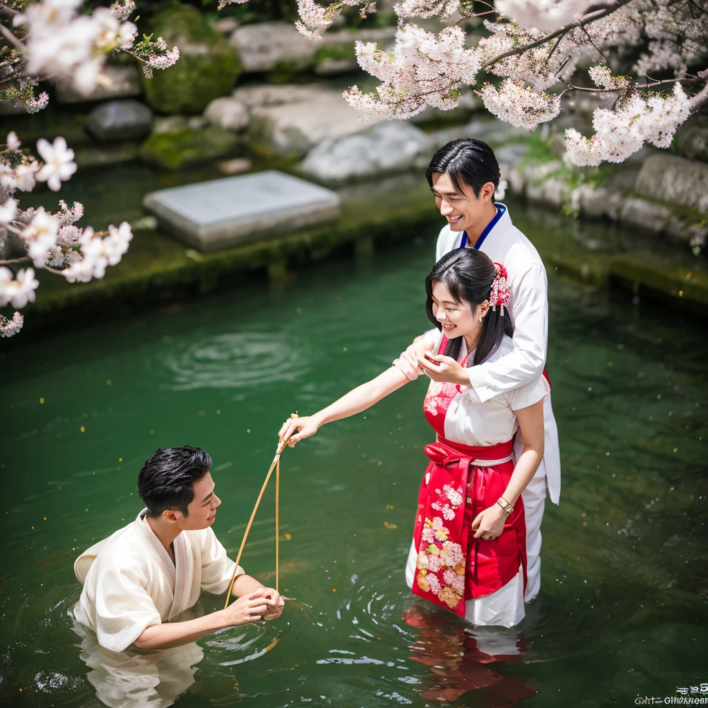 asian couple in traditional dress standing in water with cherry blossoms, kyoto inspired, japan travel aesthetic, inspired by Torii Kiyomitsu, japaneese style, inspired by Torii Kiyomasu, inspired by Itō Jakuchū, japanese style, inspired by Torii Kiyomasu II, japanic style, japanese art style, fotography,cinematic, ultra detail,8k