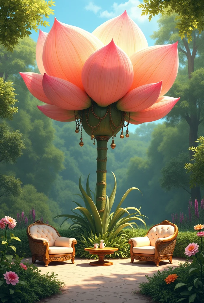 Create a pavilion in the shape of a large flower and let the flower stem be its support and underneath this pavilion there are 4 chairs and 4 tables.