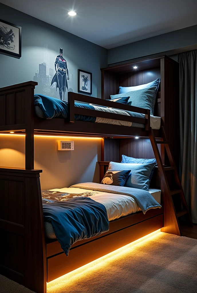 An example of a bunk bed that uses a Batman motif bed sheet and bed cover plus a light under the bed and air conditioning.