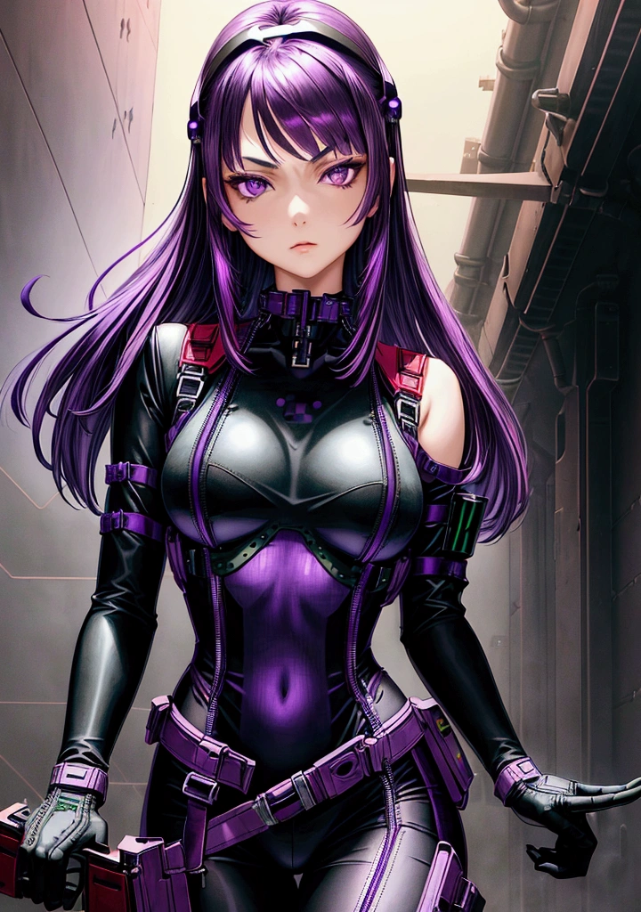 (a beautiful and cool girl), (purple eyes), (medium hair, straight hair, purple hair),(red under shirt), (dark green round shoulder reinforcement with holes), (black body suit with crossing belts and fittings on neck) (ace pilot), (science fiction)