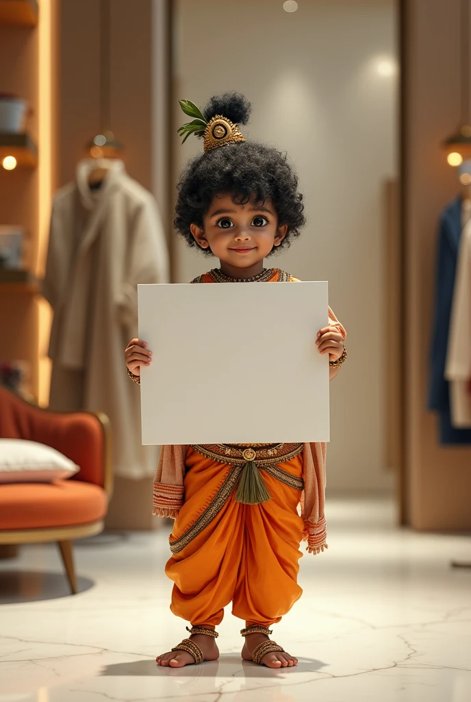 Little krishna in a designer boutique with blank poster in his hand

