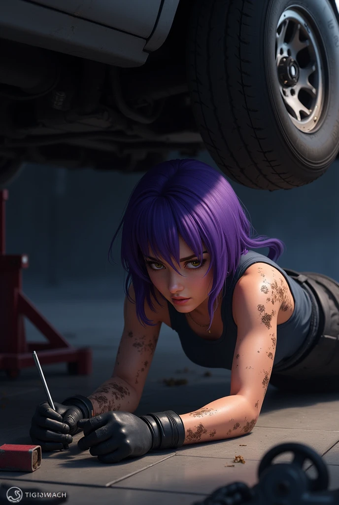 A real person with purple hair lies on the ground underneath a vehicle, working on a mechanical component. Their arms and skin are covered in grease and dirt, indicating hands-on labor. They wear a sleeveless top and black gloves, showing focused determination in their expression. Tools are visible nearby, along with a jack supporting the vehicle. The environment appears dimly lit, enhancing the gritty atmosphere of the task.