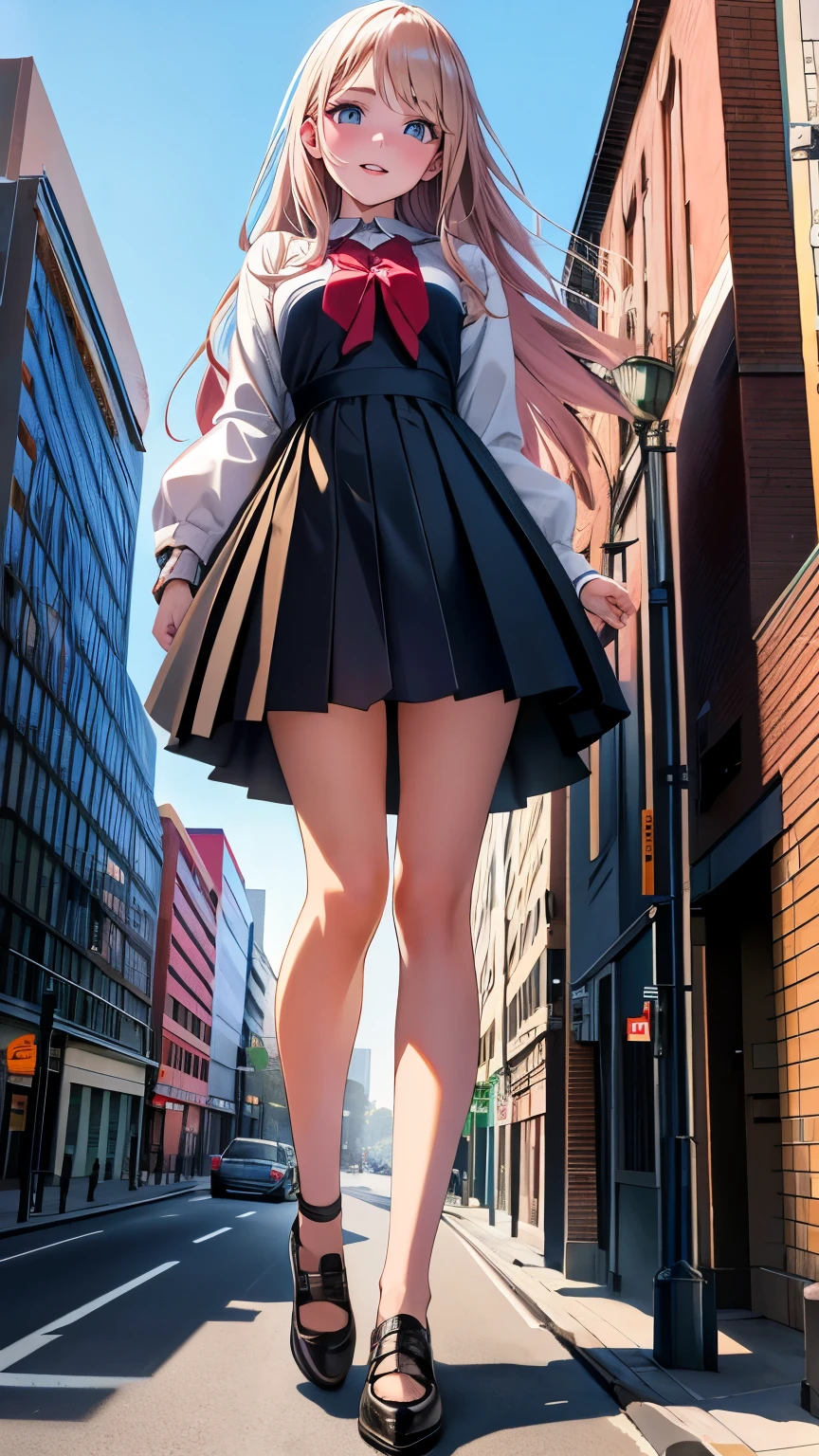 4 Girls with pink hair, long twintail hairstyle, small bushy eyebrows, wearing gothic lolita clothing, lolicon (Zankuro) drawing style by zankuro artist, Zancrow style, image uploaded to R34, walking to school, flirty smile, , lifting her skirt to show her vagina wet with semen