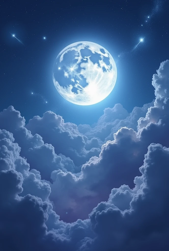 A big moon in a cloudy blue and purple night sky with shooting stars