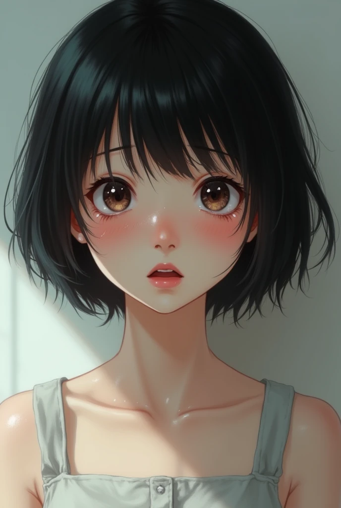A realistic portrarit of a young modern Japanese girl, around , crying with tears streaming down her face. She has short black hair and is wearing a simple, light-colored dress. Her expression is one of sadness and fear