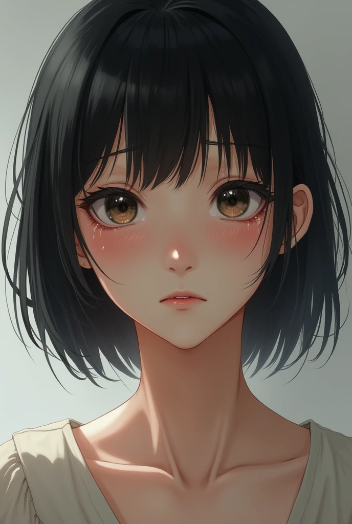A realistic portrarit of a young modern Japanese girl, around , crying with tears streaming down her face. She has short black hair and is wearing a simple, light-colored dress. Her expression is one of sadness and fear
