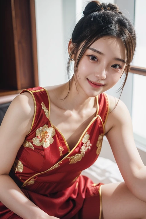 (2 Japanese girl,), (Small breasts:1.5,),(solo,,Textured skin, Detailed skin,Detailed face,Detailed eyes,detailed posing,Natural eyebrows,Sparkling Eyes,High detail, Highest quality, Super detailed, Surrealism, ,8k,RAW Photos,Photographicism,Professional Lighting,Portrait Photography,Soft Light),((Black Hair, Natural Makeup,Simple earrings, Double bun hairstyle,smile)),(((Red Chinese Dress,Legs visible through the slit)))
