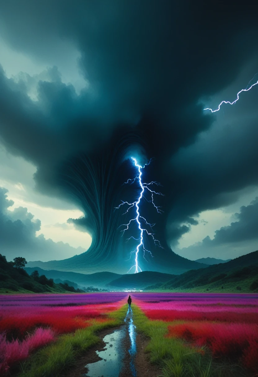 (masterpiece), cartoon, best quality,(photo_(medium):1.0), by Antonio J. Manzanedo, by Jeremy Lipking, lightning, in a surreal landscape, painting style with watercolor, Brushstrokes, black eyes,colorful,vibrant colors,1girl
