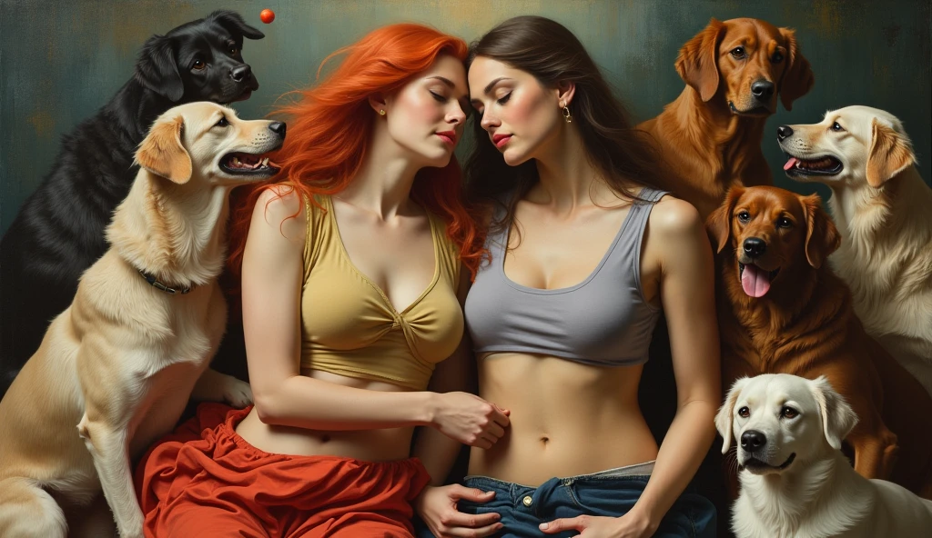 I want an almost identical reinterpretation of the painting "Creation of Adam" where the characters will be two women, one redhead and one brunette. Around the characters there are several dogs of different breeds with toys.
In the image they must be wearing comfortable clothes and looking friendly where one is helping the other..
Recreate the painting background with a contemporary touch.