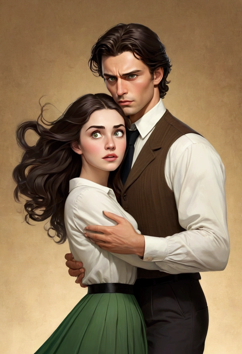 Create an image, in the style of drawing for book cover, of a young woman of about twenty-three years old with long hair, brown in color and wavy, green eyes and white skin, she must be in the arms of a man both with a slightly surprised expression, as if she had fallen and he had caught her before it happened. This man must look young too, with white skin and black hair, he must be tall and have an athletic body, broad shoulders and steady hands. Your face should be masculine with strong eyebrows and dark eyes.. Men's hair should be slightly wavy, almost smooth and black in color. She should be wearing a black pleated skirt above the knees with an ivory colored button-down long sleeve blouse., over the shirt she must be wearing a brown sleeveless sweater and tractor moccasin shoes, and he must be wearing a white button-down shirt tucked into his black pants, his shirt sleeves should be rolled up to about the elbow and a brown oxford dress shoe. The image should convey a youthful and fun air., She should look like a flustered young lady who is surprised by the situation and he should look like a firm, sarcastic man who is pleasantly surprised by the situation.