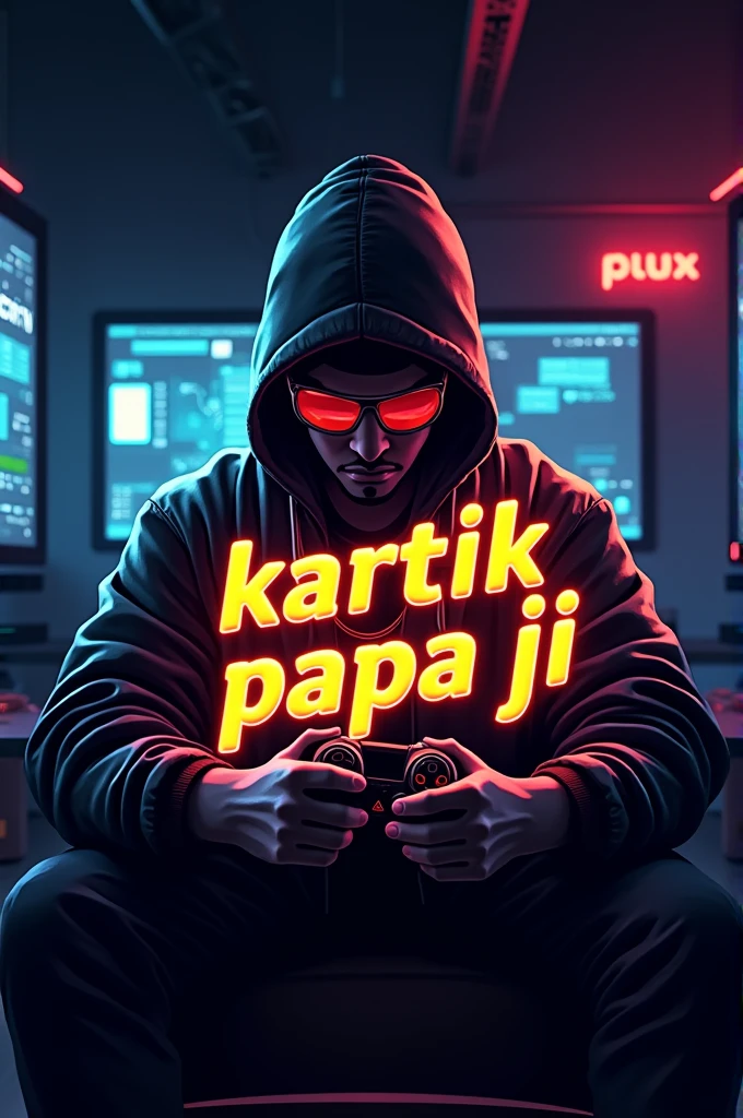 This is a gaming logo that features the name "kartik papa ji" in a futuristic font and a neon Golden color. and Boy hiphop bundle avtar, The logo also has a stylized controller icon. The logo is designed to be attractive and eye-catching, and to appeal to gaming enthusiasts and