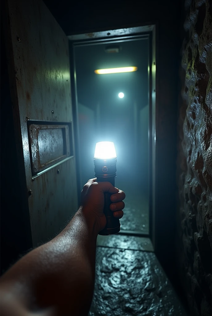 Underground mine first person view showing only one arm holding a white flashlight, coming out of an elevator