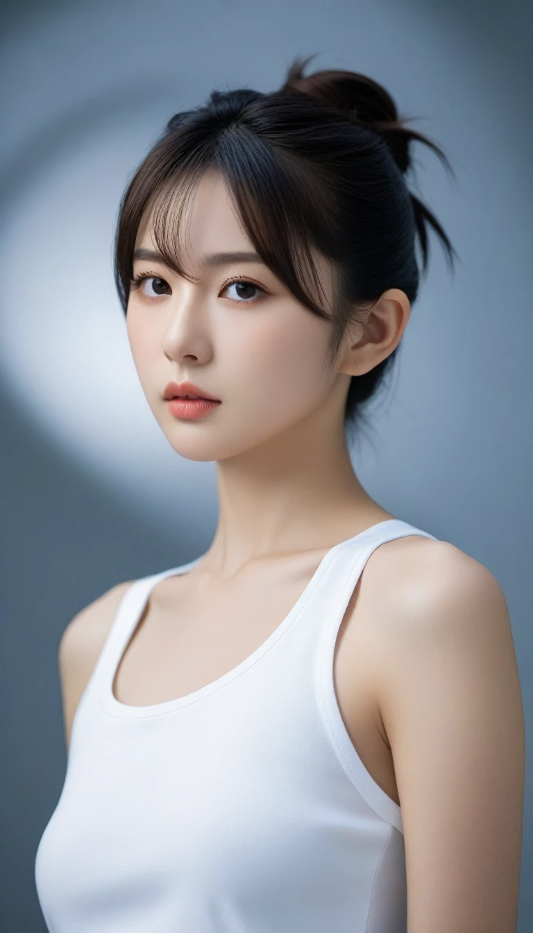 8k, Ultra-high resolution, Highest quality, masterpiece, 三分割法によるphotograph,Surreal, photograph, 1 Girl, (16 years old:1.3), pretty girl, Cute Face, Beautiful eyes in every detail, 細かくdetailedに,masterpiece,One Girl:1.2,Japan Female Teachers,extream close up,glaring,Black short hair,Messy bun hair,(印象派の美しい少女のPortraiture),(Impressionist light and colour), (Avant-garde attire:1.3),(Fairy,Shiny Hair, Beautiful dark eyes, So cute and beautiful,16 years old, ), (smile:0.8),Sharp contours,Looking down, (A future never imagined), ((Abstract background)), Light from above, Low contrast, (Side view),, Perfect and beautiful face ,完璧でCute Face, Skin with attention to detail, Perfect limbs、Narrow waist,Looking at the audience,(((Ideal body type))),A cup small breasts :2,Portraiture:2,Perfect Anatomy,鮮明なdetailed,detailed,Surreal,Light and shadow,stage lights