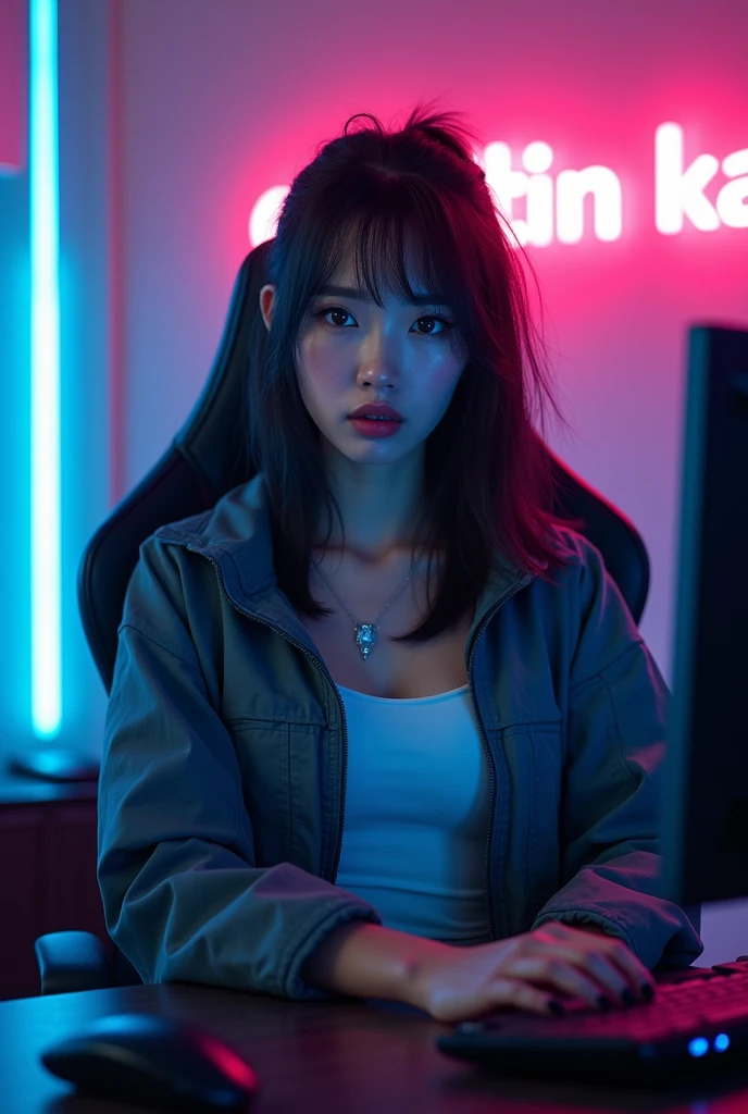 a beautiful Asian girl wearing cool clothes is sitting on a gaming chair. in a modern room. facing the monitor. you can see text on the wall that says "editin kak". neon effect