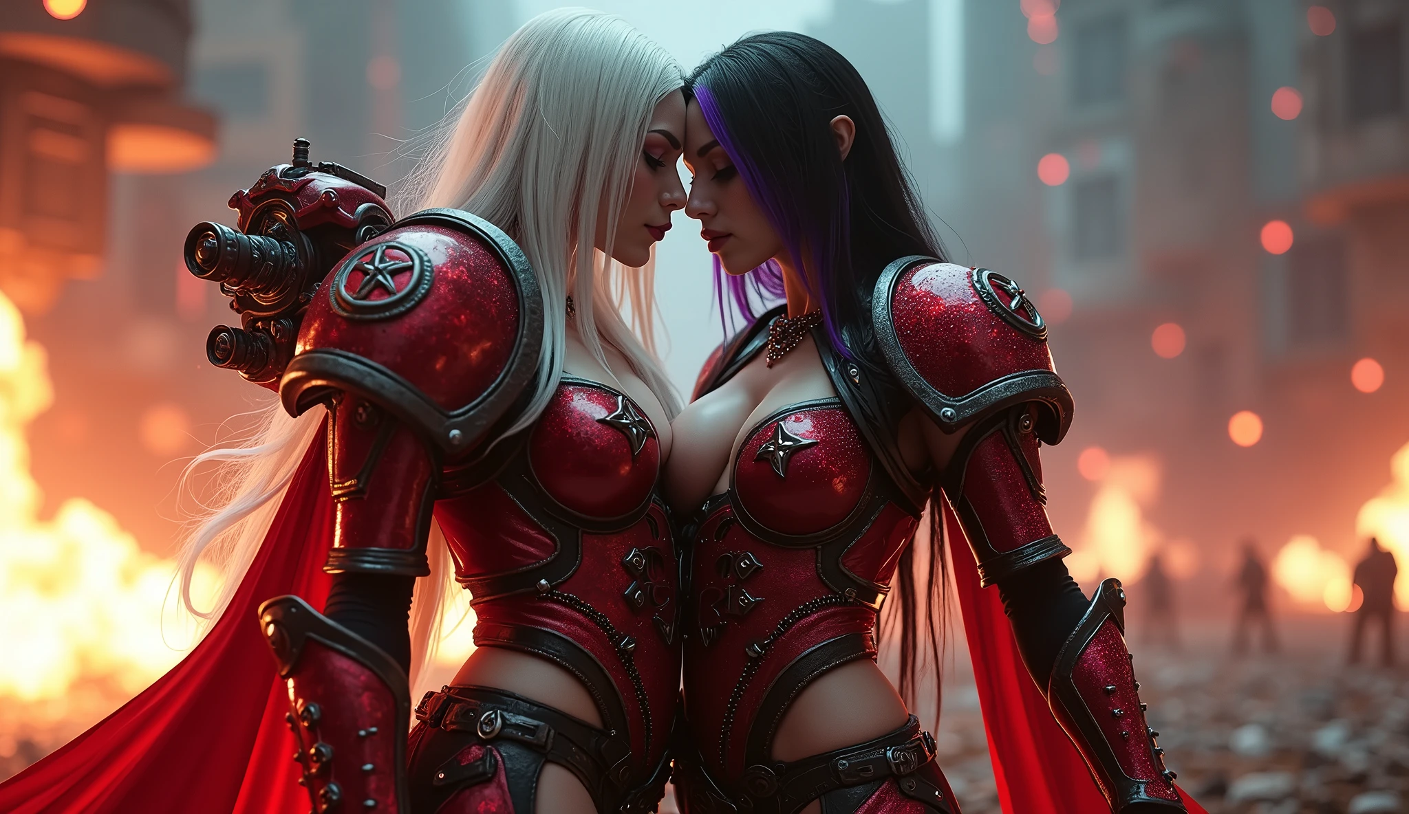 Full body pose sexy sisters of battle from the warhammer 40k, kissing and hugging, red space marine armor with intricate details, white space marine armor with intricate details, symbols on the armor, sisters of battle, warhammer 40k, Massive exposed silicone breast, pale skin, seductive, temptation, eat your soul, clevage, long white flowing hair, long black flowing hair with purple highlights, heavy gothic makeup, at night, neon, beautiful detailed eyes, beautiful detailed lips, extremely detailed eyes and face, long eyelashes, highly detailed space marine armor, intricate futuristic laser weaponry, dramatic lighting, cinematic composition, muted color palette, gritty and realistic, mecha, science fiction, hyper-detailed, photorealistic, award winning digital art, 8k, HDR, masters work, in the middle of a battle field, explosions and fire around, full war, stunning, Stilleto heels, high heels, full body pose, cinematic, movie trailer, nemesis, dust and debree, fanatic, religious, sisters of battle, warhammer 40k, bimbo gigantic exposed breast, kissing, stilleto heels, cinematic light, cameltoe pussy, beautiful pussy, wet pussy, wet body, oiled body, gigantic breast, dynamic super sexy dynamic pose, sisters of battle from the warhammer 40K, passionate kissing, seductive, one night stand, working as whores