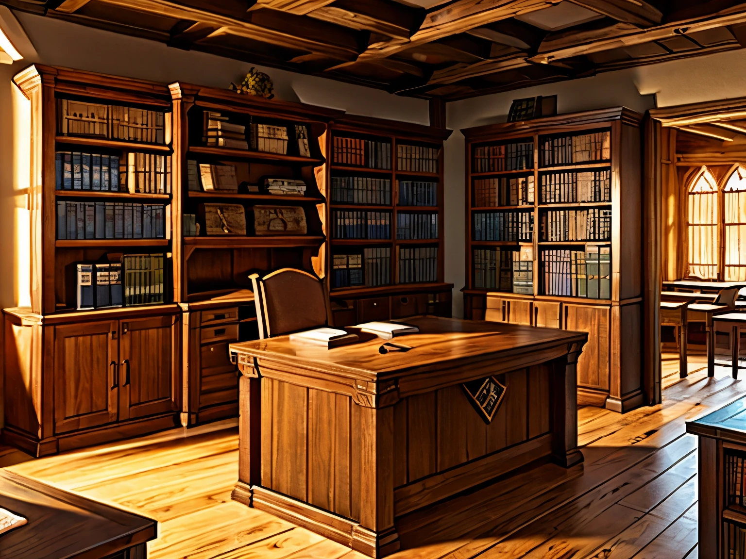 ((Medieval office)), wooden furniture, bookcase with books, scrolls, middle of the day