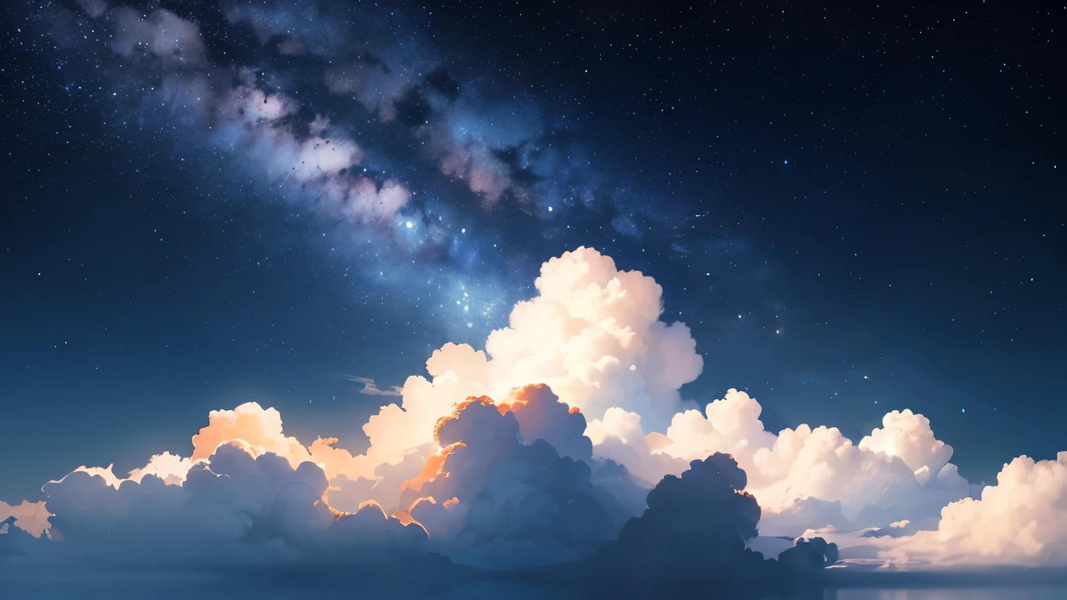 Create a fantastic image using only blue and orange on a black background.。The image does not include people、Draw a night sky above the clouds。The night sky uses a blue and orange gradation.、Adding small details like stars and the Milky Way、Create a mysterious and beautiful space。