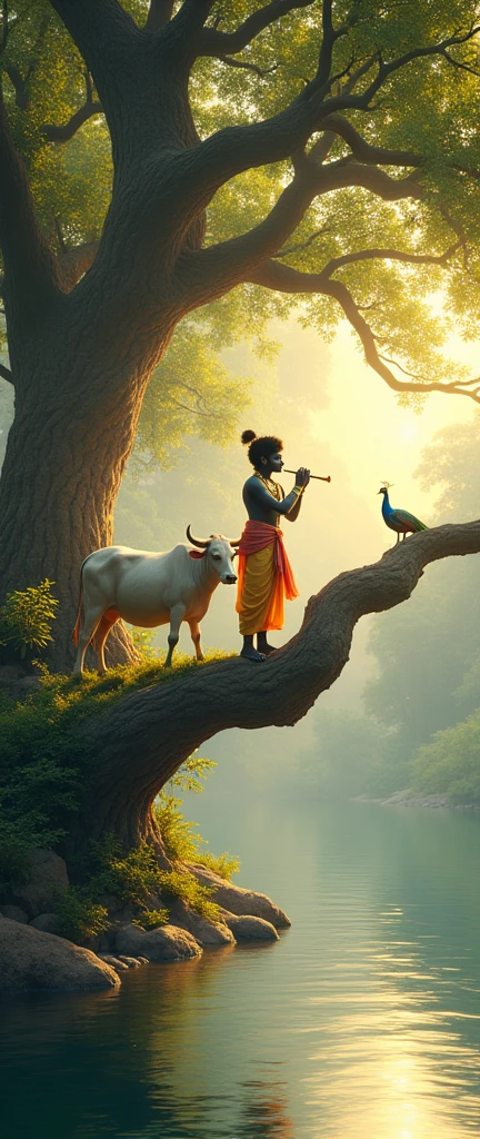 Krishna waiting for Radha in the river side on the middle of the
tree with
cow and peacock by playing flute
Only genrate the photo