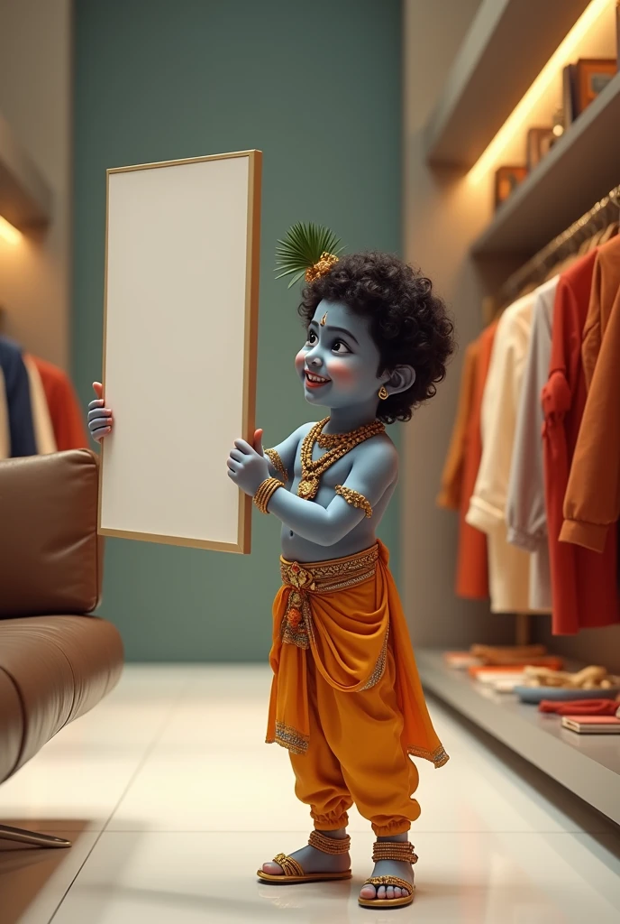 Little krishna in a designer boutique with blank poster in his hand