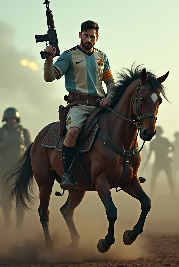 messi is driving a horse as a fighter with a gun.