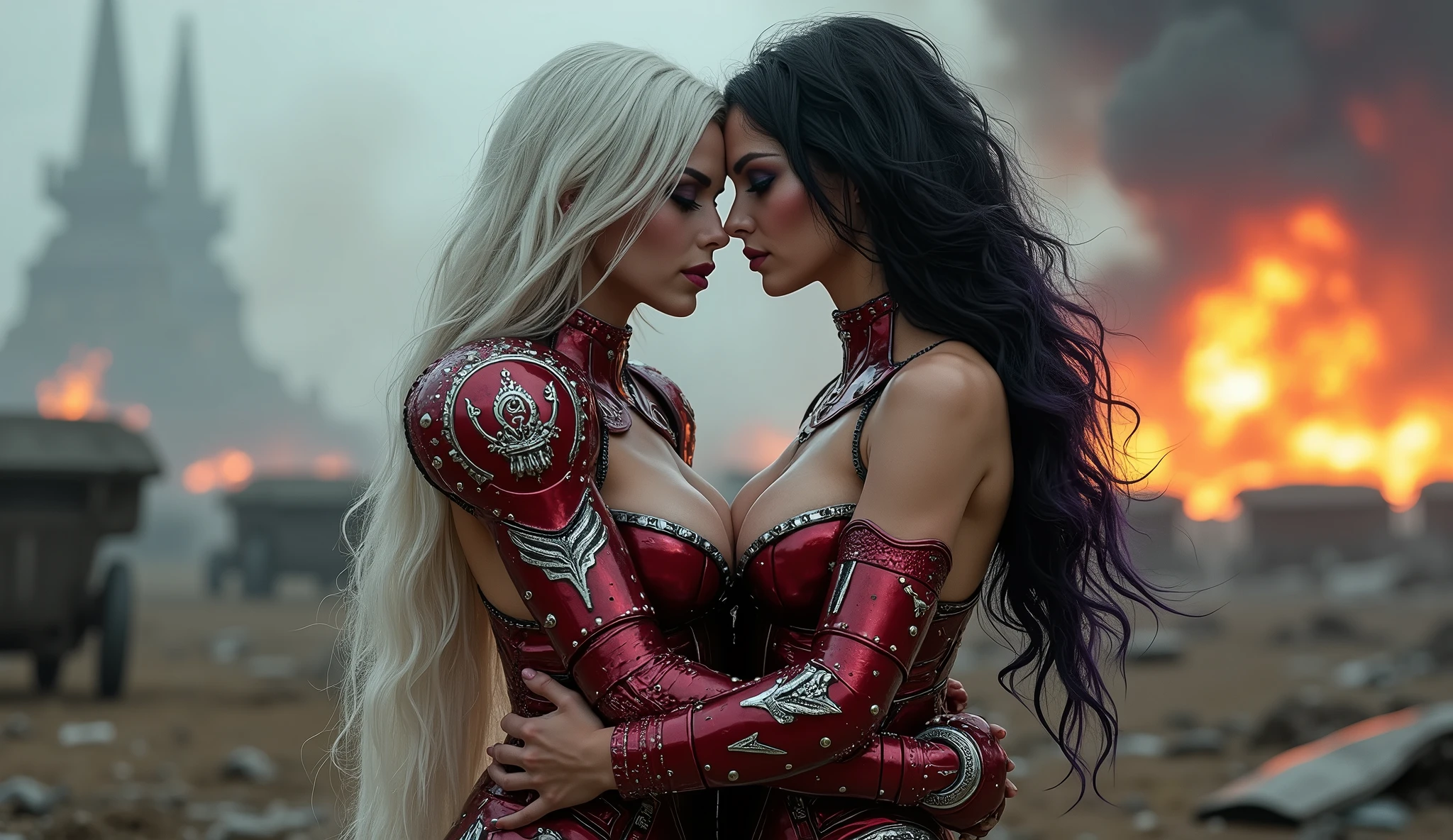 Full body pose sexy sisters of battle from the warhammer 40k, kissing and hugging, red space marine armor with intricate details, white space marine armor with intricate details, symbols on the armor, sisters of battle, warhammer 40k, Massive exposed silicone breast, pale skin, seductive, temptation, eat your soul, clevage, long white flowing hair, long black flowing hair with purple highlights, heavy gothic makeup, at night, neon, beautiful detailed eyes, beautiful detailed lips, extremely detailed eyes and face, long eyelashes, highly detailed space marine armor, intricate futuristic laser weaponry, dramatic lighting, cinematic composition, muted color palette, gritty and realistic, mecha, science fiction, hyper-detailed, photorealistic, award winning digital art, 8k, HDR, masters work, in the middle of a battle field, explosions and fire around, full war, stunning, Stilleto heels, high heels, full body pose, cinematic, movie trailer, nemesis, dust and debree, fanatic, religious, sisters of battle, warhammer 40k, bimbo gigantic exposed breast, kissing, stilleto heels, cinematic light, cameltoe pussy, beautiful pussy, wet pussy, wet body, oiled body, gigantic breast, dynamic super sexy dynamic pose, sisters of battle from the warhammer 40K, passionate kissing, seductive, one night stand, working as whores