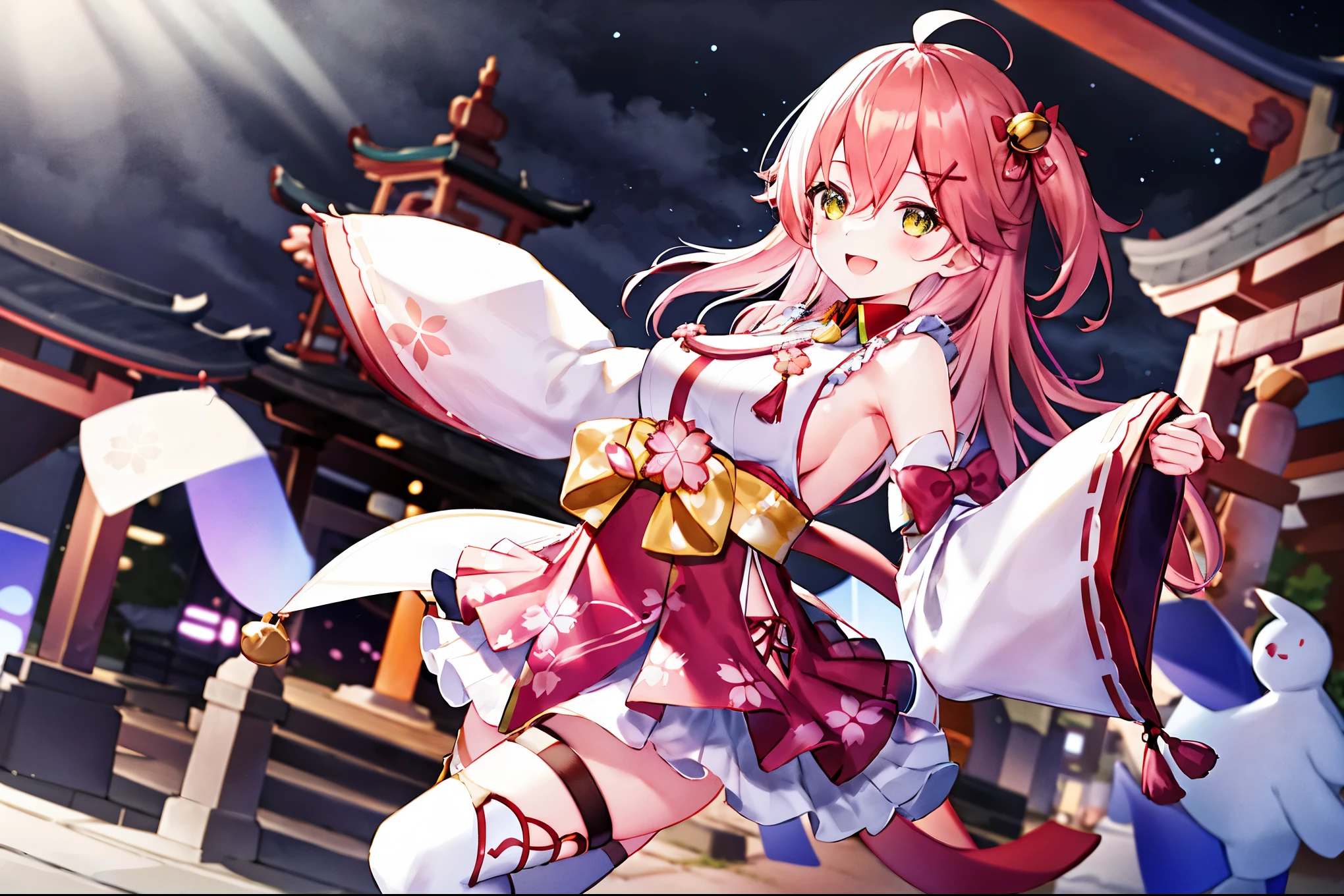masterpiece, best quality, highres, miko1, sakura_miko, 1girl, big_boobs, solo, ahoge, x_hair_ornament, pink_hair, floral print, hairclip,(side_less_clothes:1.5), (side_boobs:1.5), hair_bell, floral print, long_hair, hair between eyes, one side up, white thighhighs, asymmetrical legwear, wide sleeves, open_mouth,(happy:1.3),gleen_eyes,big_smile,(rise_leg:1.3),plump,apart_legs,(overly_long_sleeves:1.3),),sleeves_past_wrists,hands_hidden_sleeves,sidelock_clothes,dynamic_posing,solo,hidden_wrists,(XD:1.4),covered_nipples,sunlight,cherryblossom_temple_landscape_background,