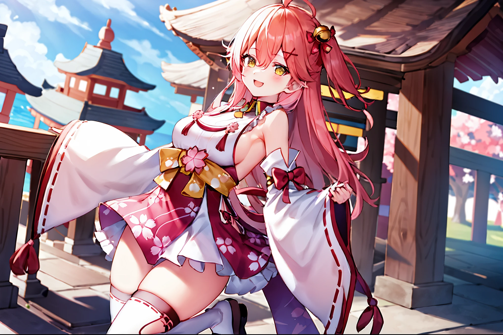 masterpiece, best quality, highres, miko1, sakura_miko, 1girl, big_boobs, solo, ahoge, x_hair_ornament, pink_hair, floral print, hairclip,(side_less_clothes:1.5), (side_boobs:1.5), hair_bell, floral print, long_hair, hair between eyes, one side up, white thighhighs, asymmetrical legwear, wide sleeves, open_mouth,(happy:1.3),gleen_eyes,big_smile,(rise_leg:1.3),plump,apart_legs,(overly_long_sleeves:1.3),),sleeves_past_wrists,hands_hidden_sleeves,sidelock_clothes,dynamic_posing,solo,hidden_wrists,(XD:1.4),covered_nipples,sunlight,cherryblossom_temple_landscape_background,