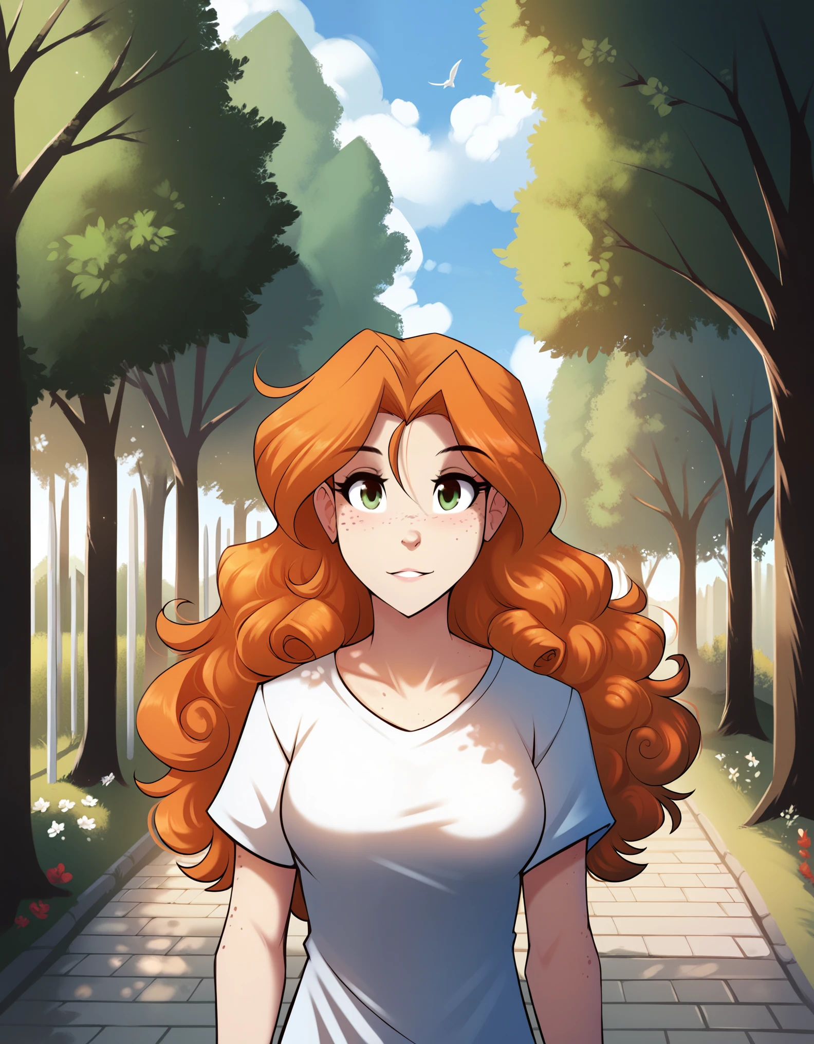 score_9, score_8_up, score_7_up,   tomfischbach, 1girl. human, green eyes, orange hair, outdoors, t-shirt, medium breast, young, cowboy shot, freckles, long hair, curly hair