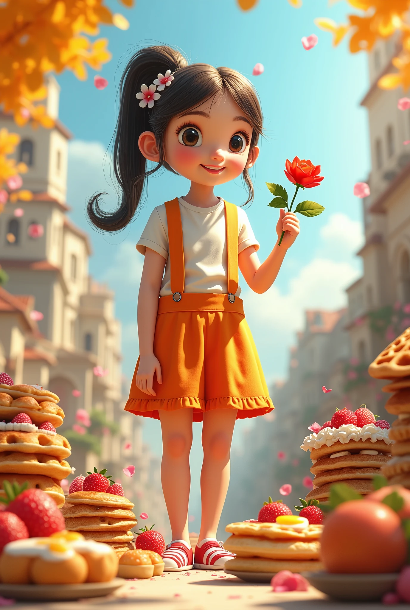 A huge giant girl wearing cheerful clothes carrying a small rose behind her, many types of delicious morning foods as humans do, realistic, real, high-resolution details, full picture like reality