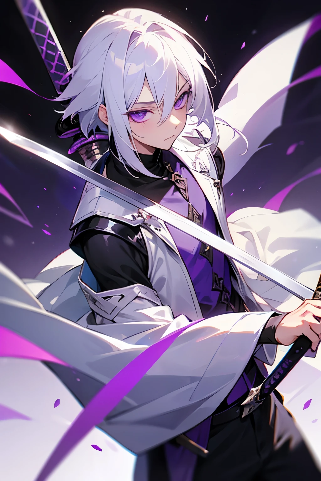 A boy with shoulder length white hair, dark purple eyes, a sword white handle purple blade, with black and white clothes