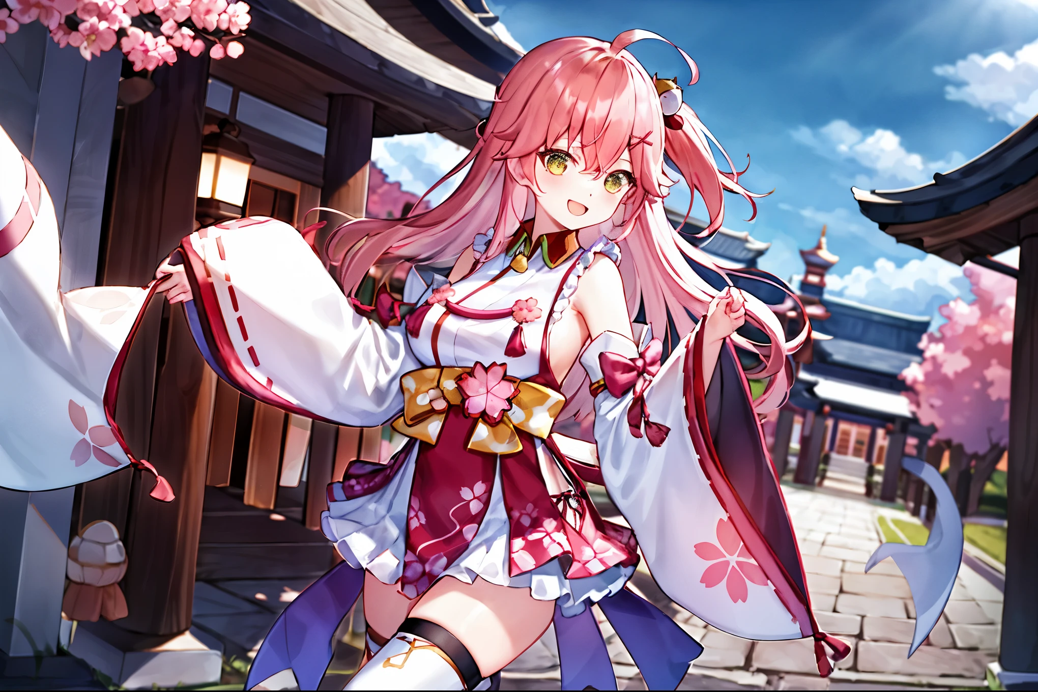 masterpiece, best quality, highres, miko1, sakura_miko, 1girl, big_boobs, solo, ahoge, x_hair_ornament, pink_hair, floral print, hairclip,(side_less_clothes:1.5), (side_boobs:1.5), hair_bell, floral print, long_hair, hair between eyes, one side up, white thighhighs, asymmetrical legwear, wide sleeves, open_mouth,(happy:1.3),gleen_eyes,big_smile,(rise_leg:1.3),plump,apart_legs,(overly_long_sleeves:1.3),),sleeves_past_wrists,hands_hidden_sleeves,sidelock_clothes,dynamic_posing,solo,hidden_wrists,(XD:1.4),covered_nipples,sunlight,cherryblossom_temple_landscape_background,