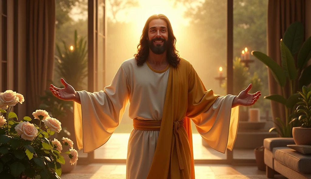 ultra realistic image of Jesus smiling entering my house with open arms with a lot of light on his head, in the background modern room, plants, fountain, burning candles, white roses