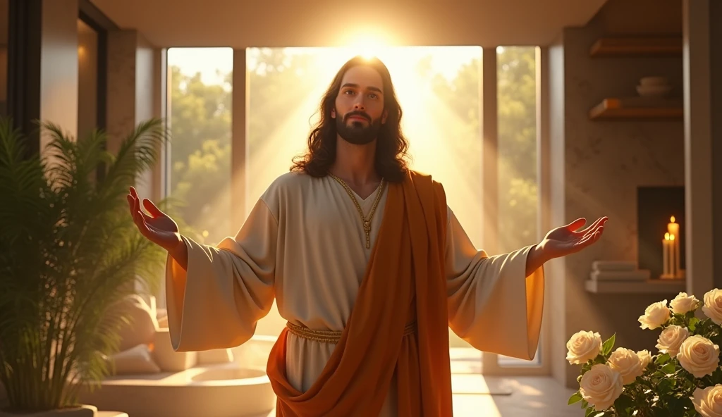 ultra realistic image of Jesus smiling entering my house with open arms with a lot of light on his head, in the background modern room, plants, fountain, burning candles, white roses