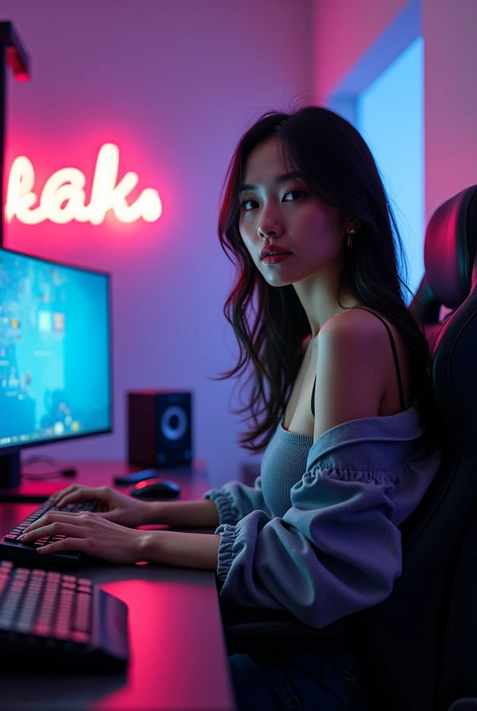 a beautiful Asian girl wearing cool clothes is sitting on a gaming chair. in a modern room. facing the monitor. you can see text on the wall that says "editin kak". neon effect