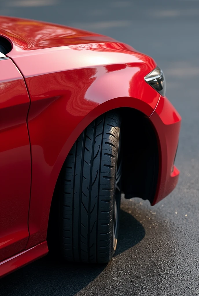 pick up a red car on asphalt with misaligned tire, ultra-realistic, 8k resolution, sharp focus